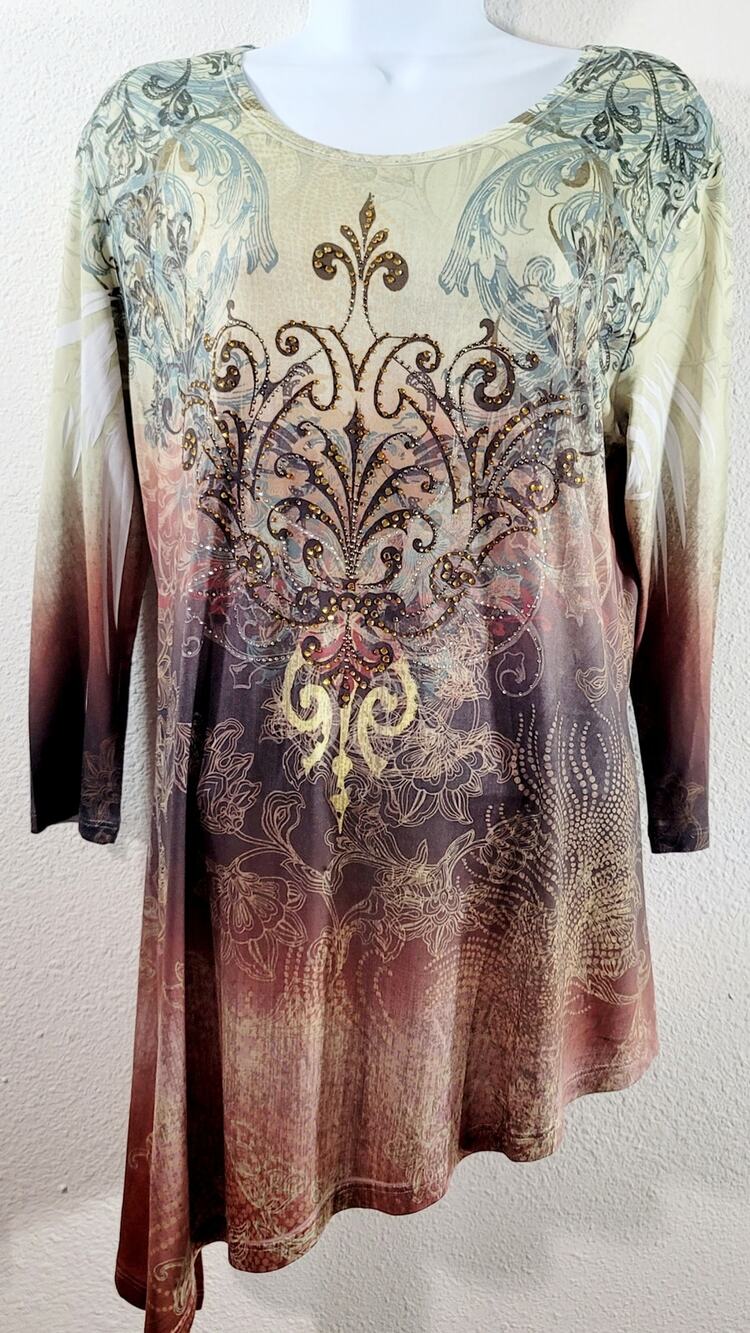 Jess & Jane Green Rhinestone Bodice Floral Print Top Small Lightweight Flowy